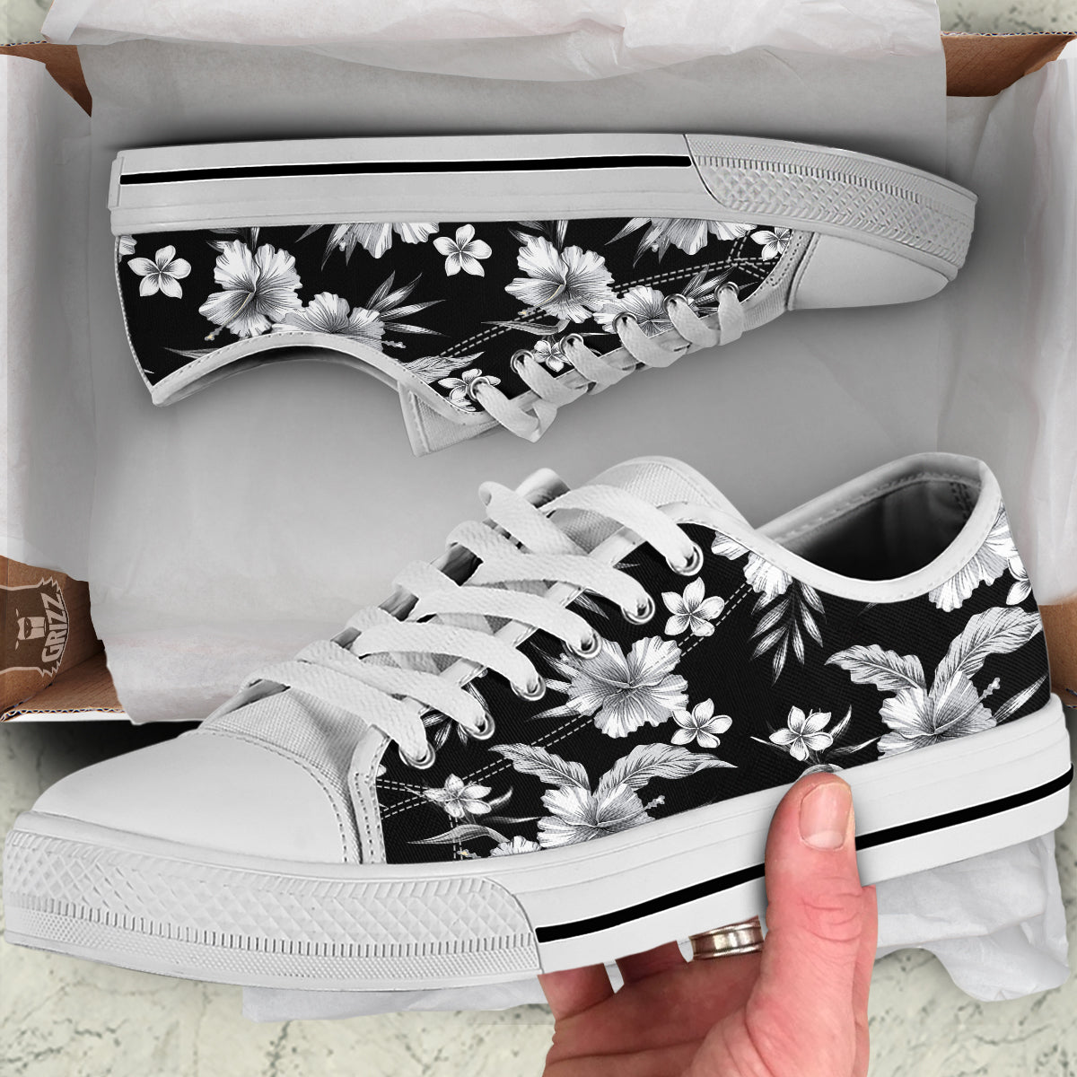 Frangipani White And Black Print Pattern White Low Top Shoes-grizzshop