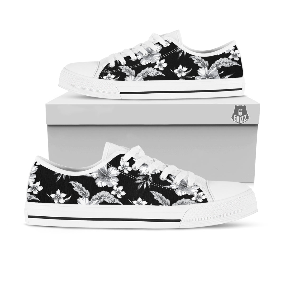 Frangipani White And Black Print Pattern White Low Top Shoes-grizzshop
