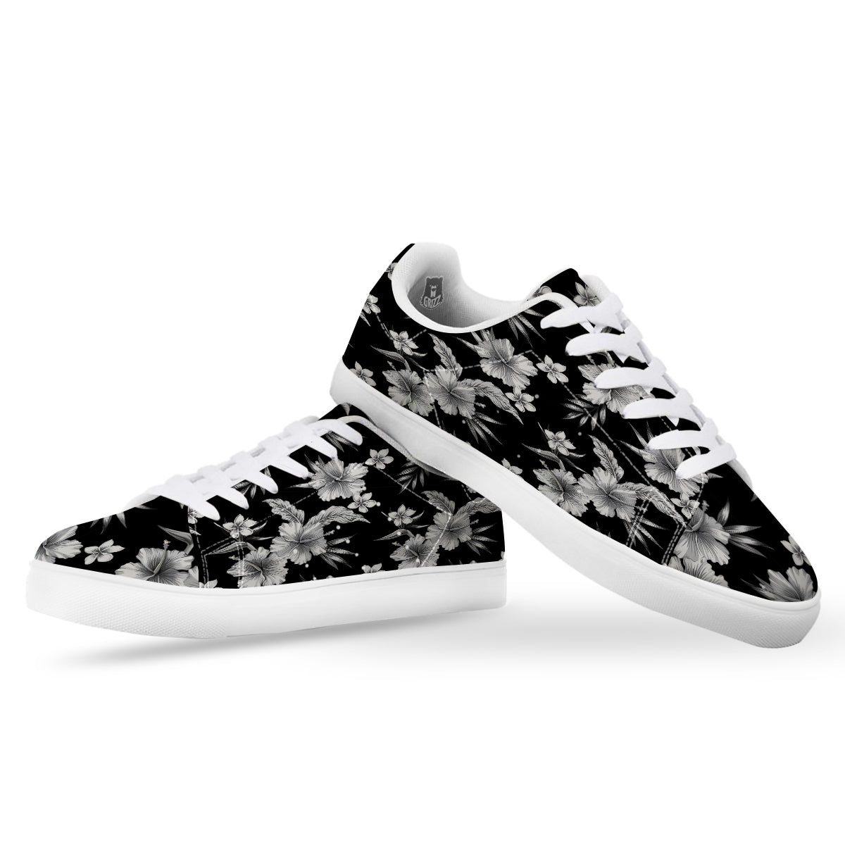 Frangipani White And Black Print Pattern White Low Top Sneakers-grizzshop