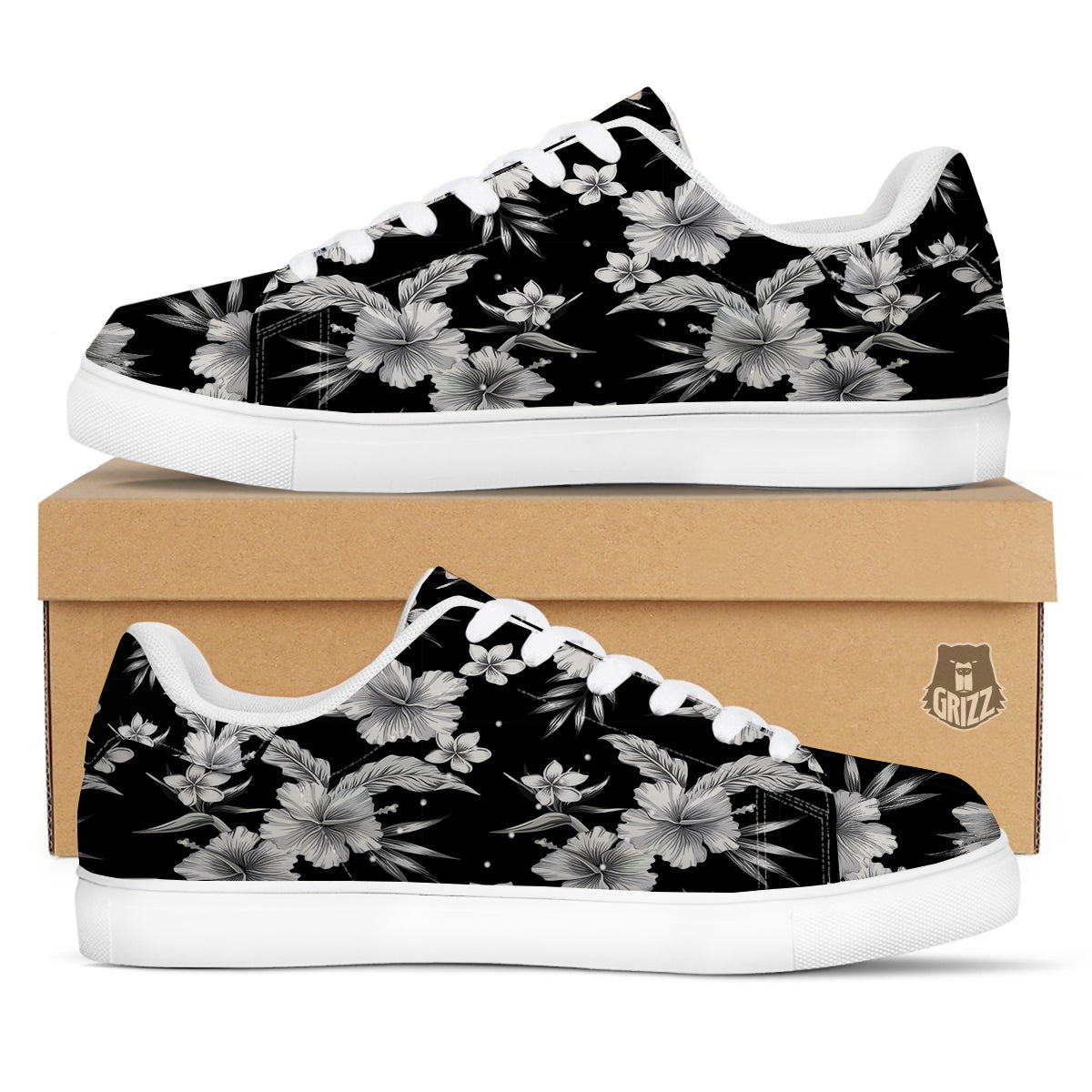 Frangipani White And Black Print Pattern White Low Top Sneakers-grizzshop