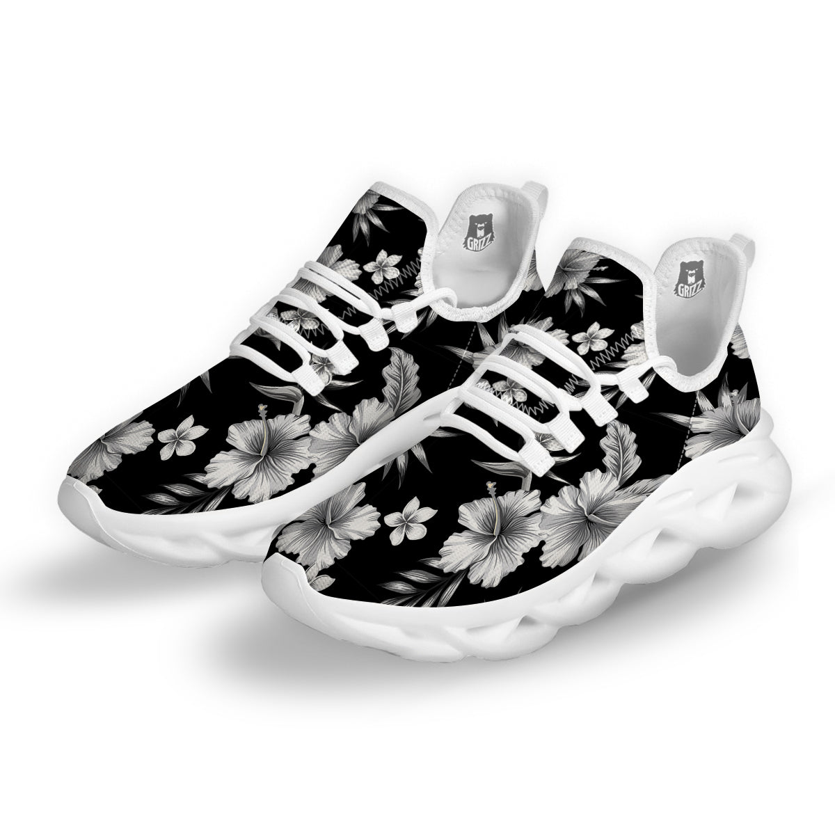 Frangipani White And Black Print Pattern White Running Shoes-grizzshop