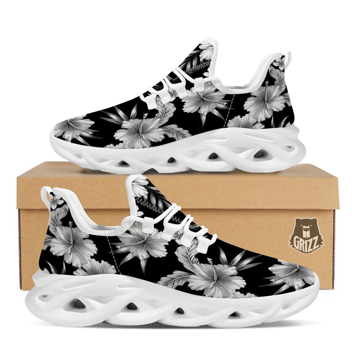 Frangipani White And Black Print Pattern White Running Shoes-grizzshop