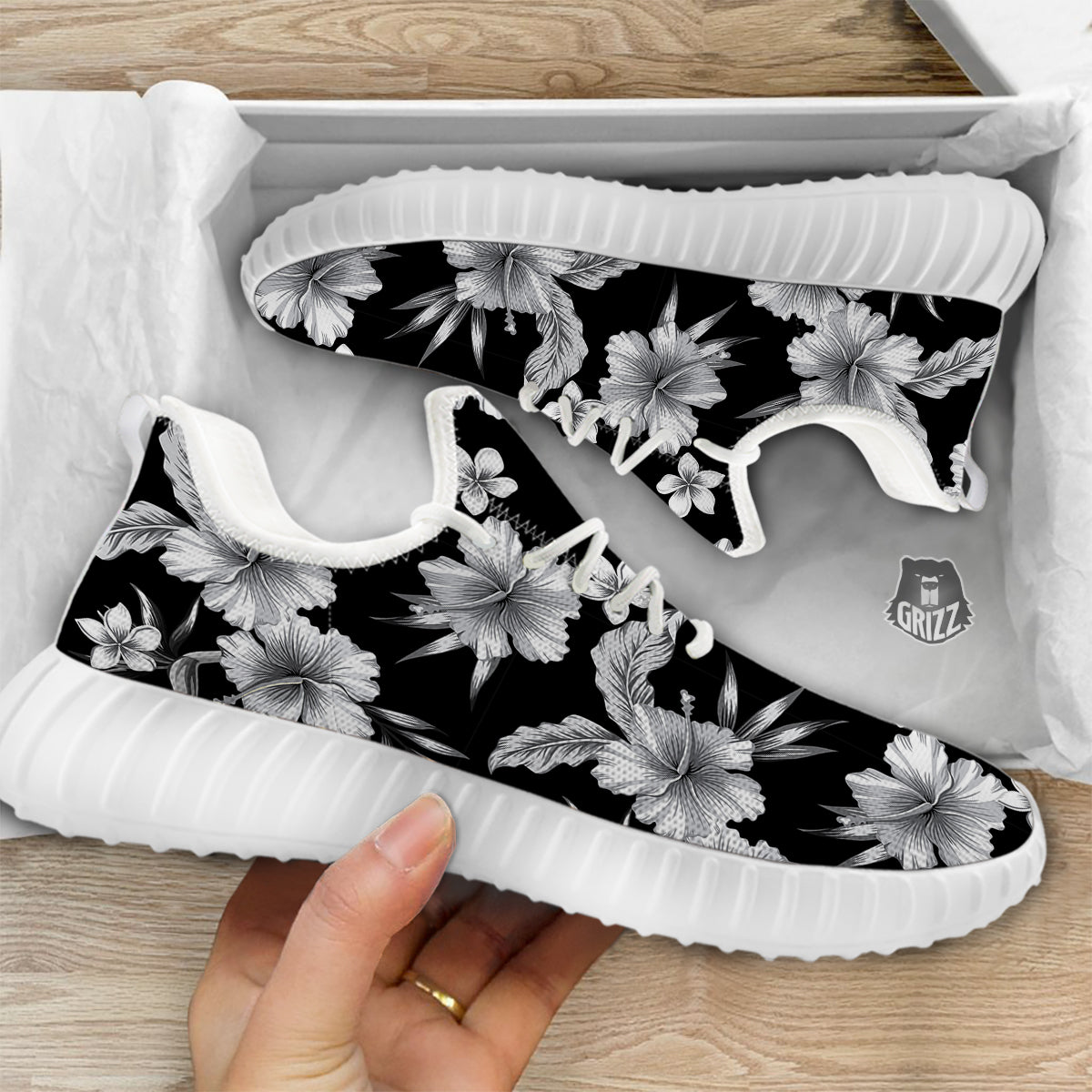 Frangipani White And Black Print Pattern White Walking Shoes-grizzshop