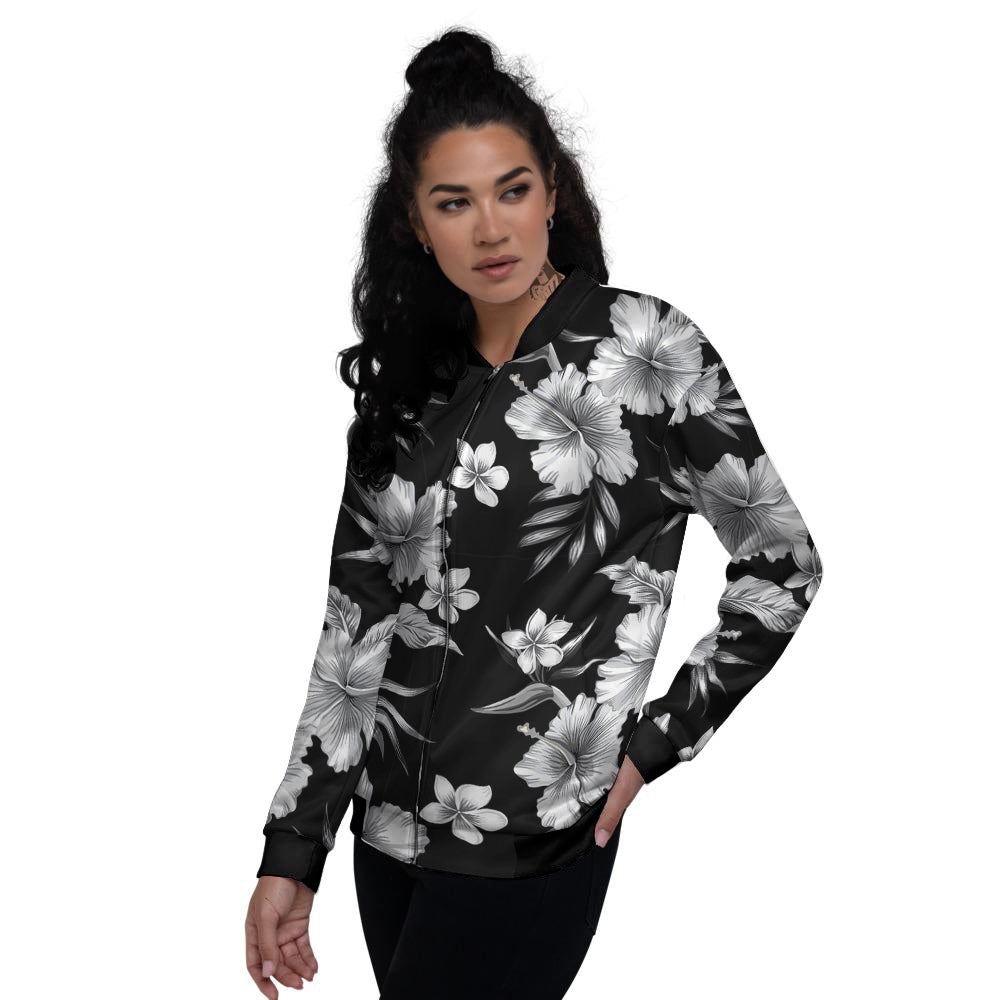 Frangipani White And Black Print Pattern Women's Bomber Jacket-grizzshop