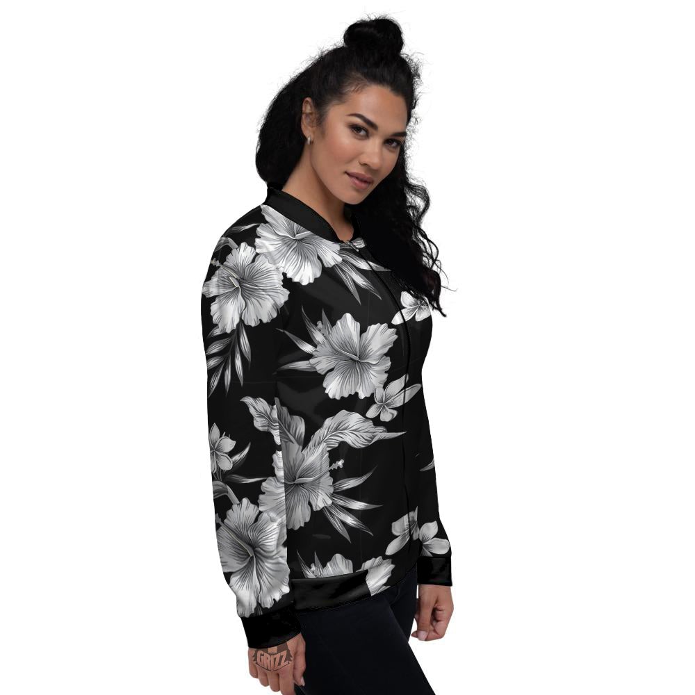 Frangipani White And Black Print Pattern Women's Bomber Jacket-grizzshop