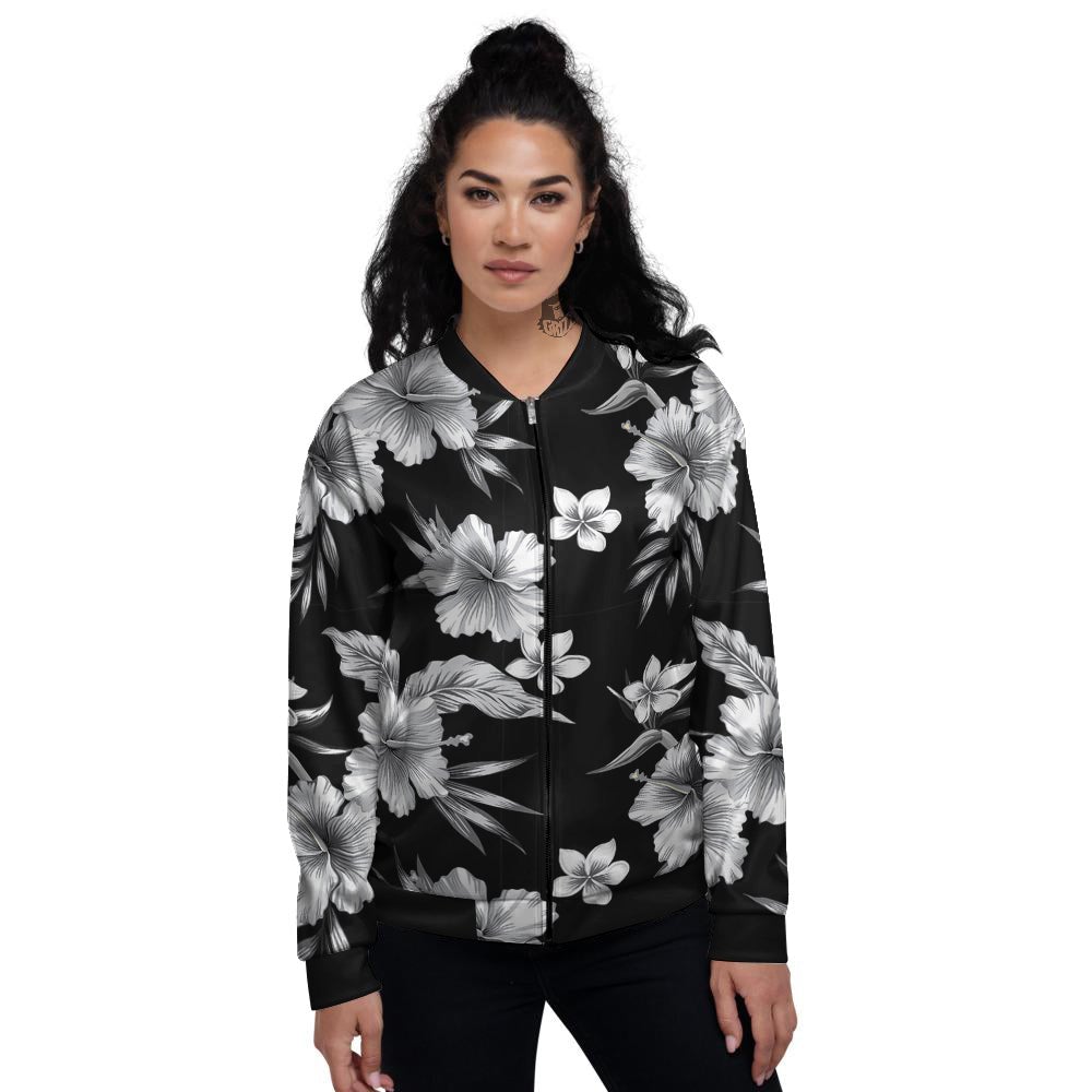 Frangipani White And Black Print Pattern Women's Bomber Jacket-grizzshop