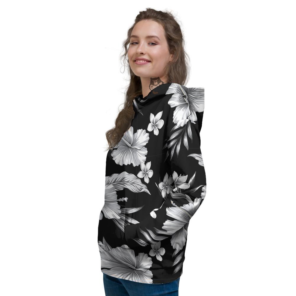 Frangipani White And Black Print Pattern Women's Hoodie-grizzshop
