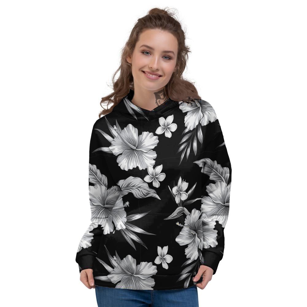 Frangipani White And Black Print Pattern Women's Hoodie-grizzshop