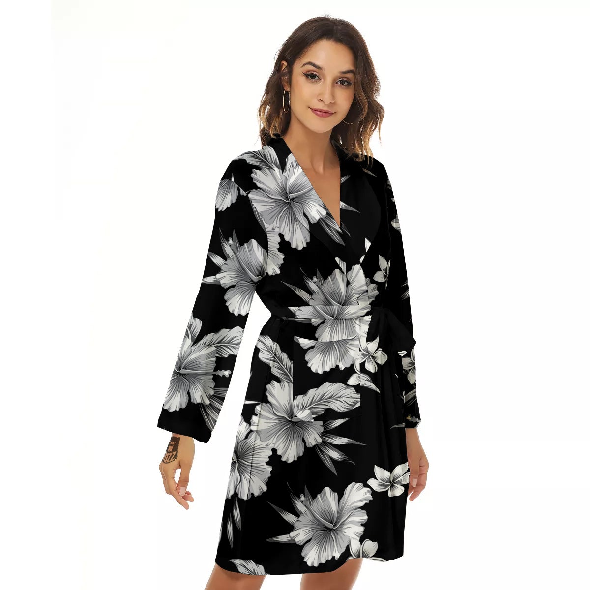 Frangipani White And Black Print Pattern Women's Robe-grizzshop