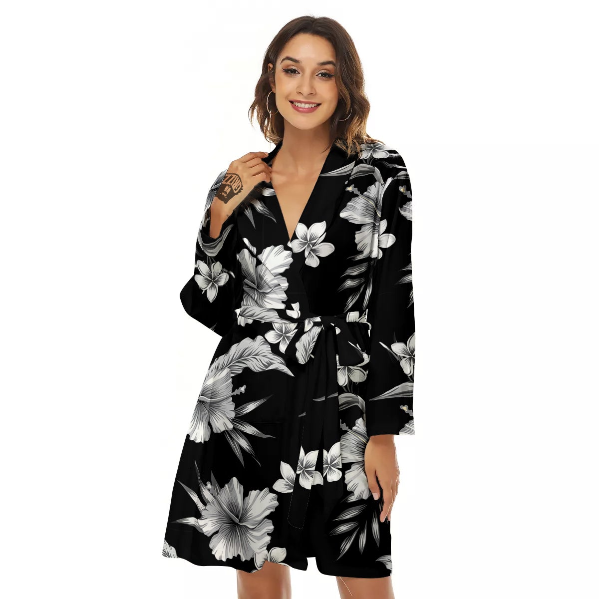 Frangipani White And Black Print Pattern Women's Robe-grizzshop