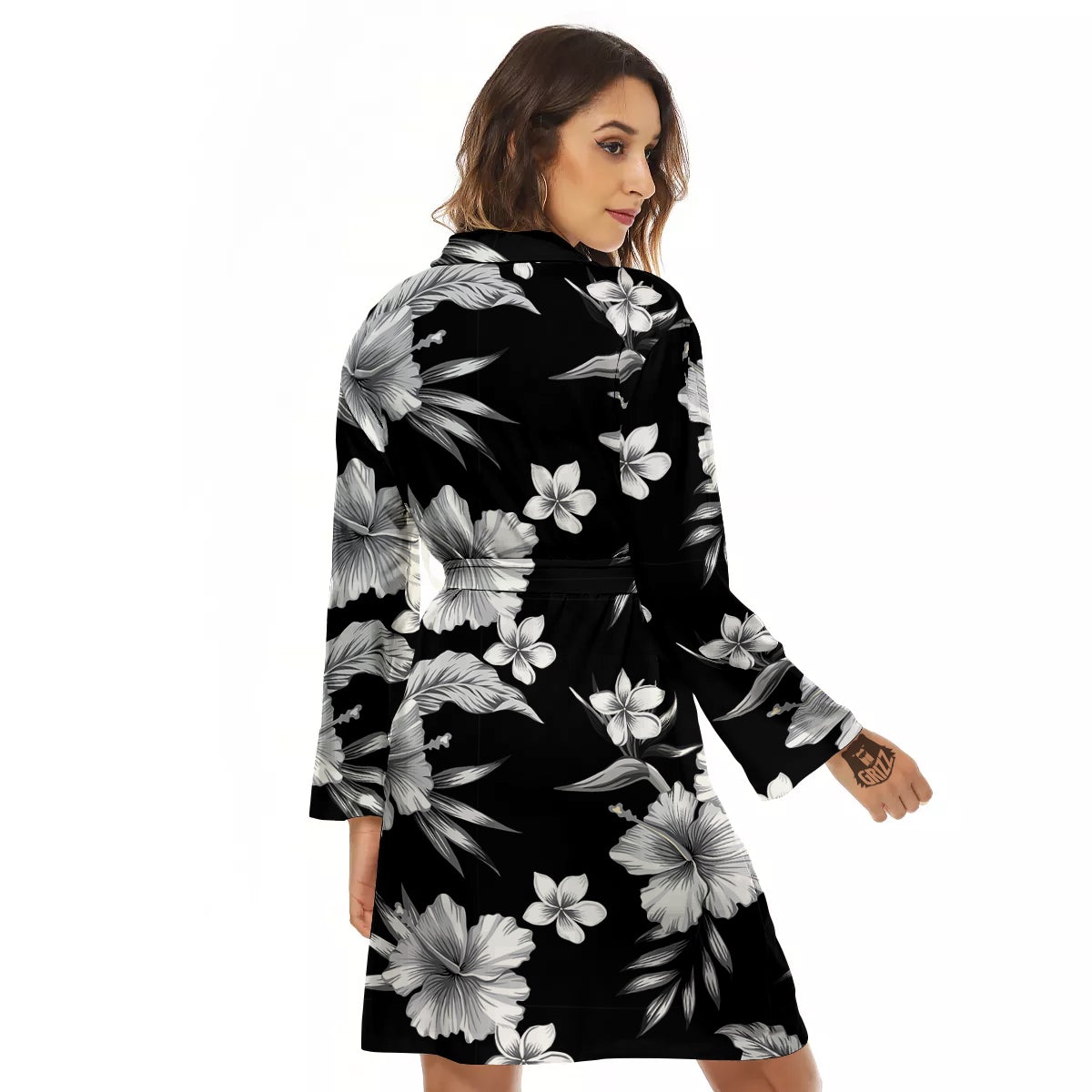 Frangipani White And Black Print Pattern Women's Robe-grizzshop