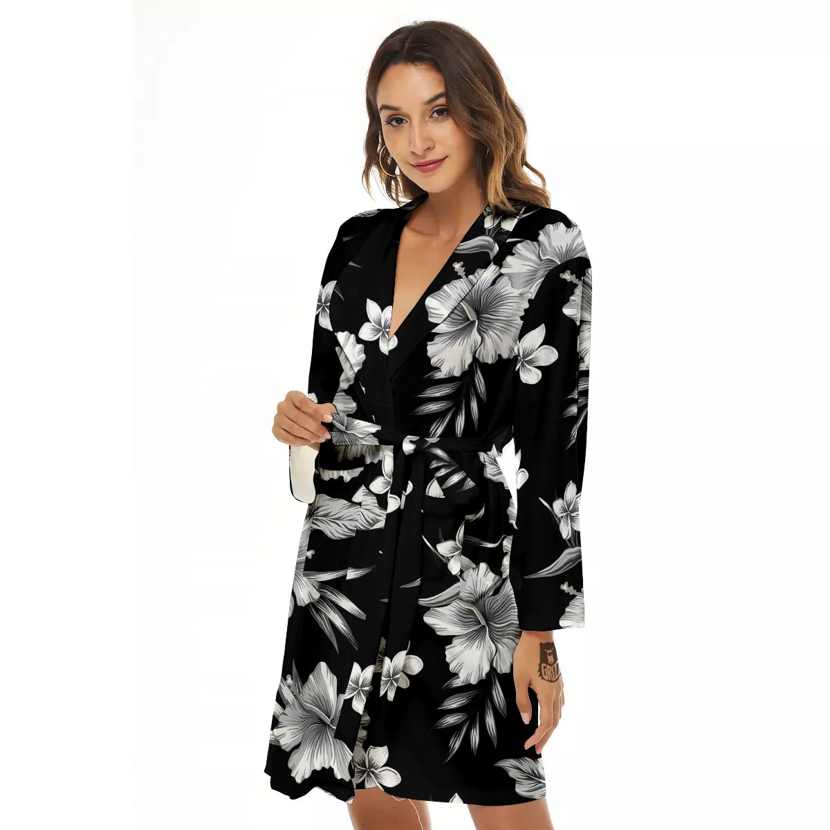 Frangipani White And Black Print Pattern Women's Robe-grizzshop