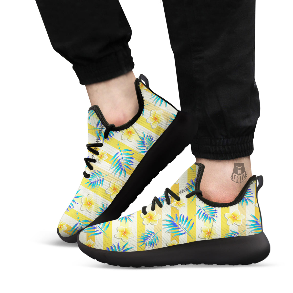 Frangipani Yellow Print Pattern Black Athletic Shoes-grizzshop