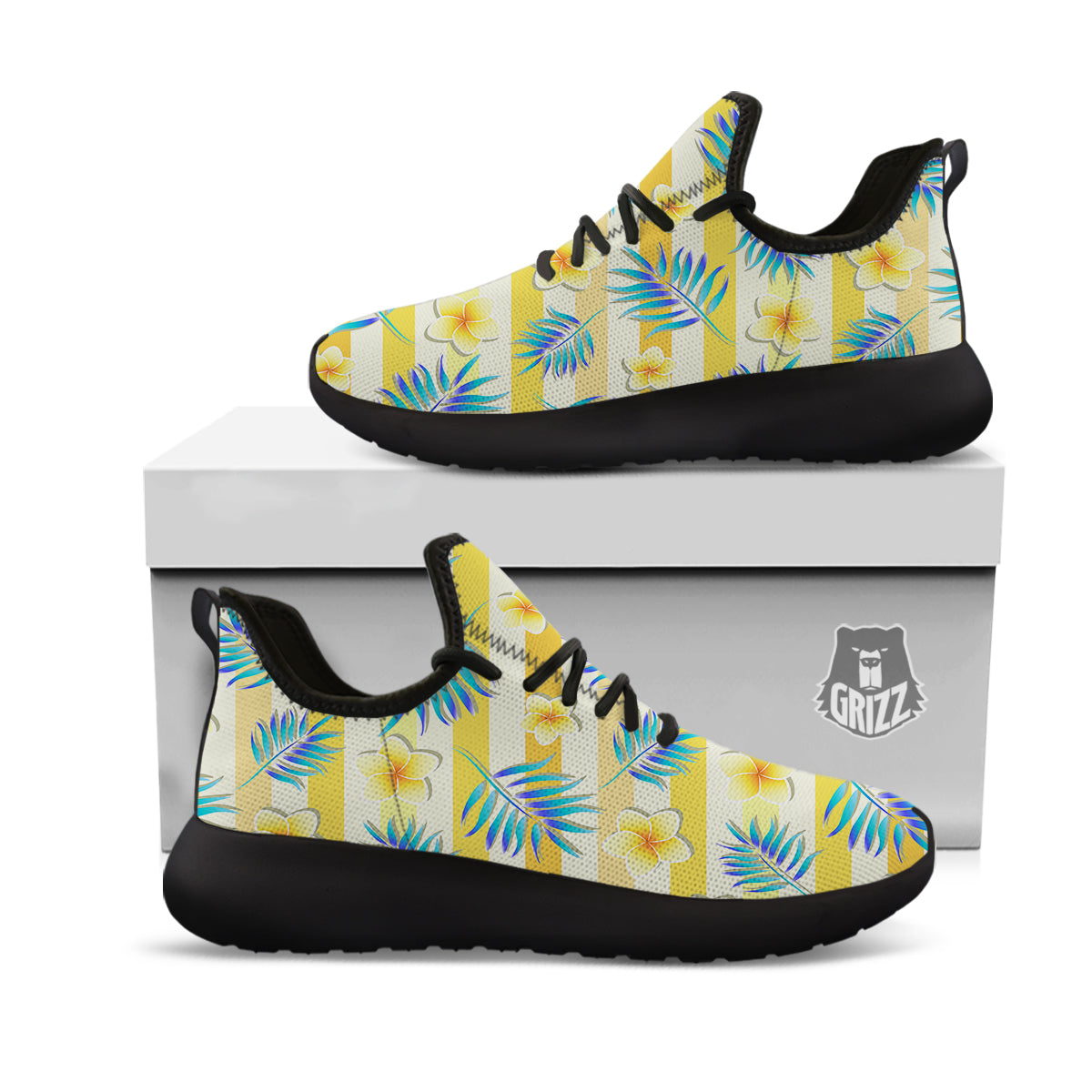 Frangipani Yellow Print Pattern Black Athletic Shoes-grizzshop