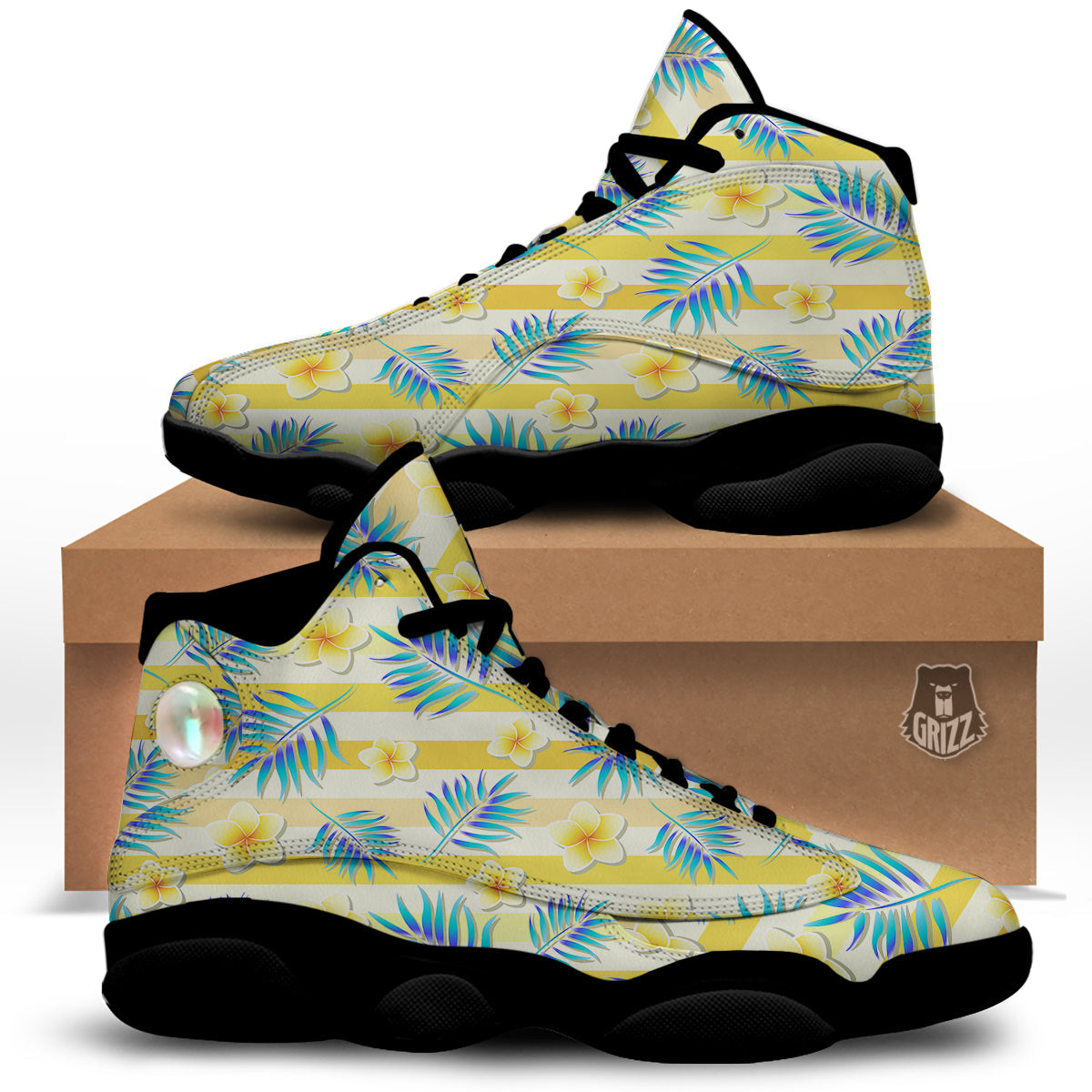 Frangipani Yellow Print Pattern Black Basketball Shoes-grizzshop