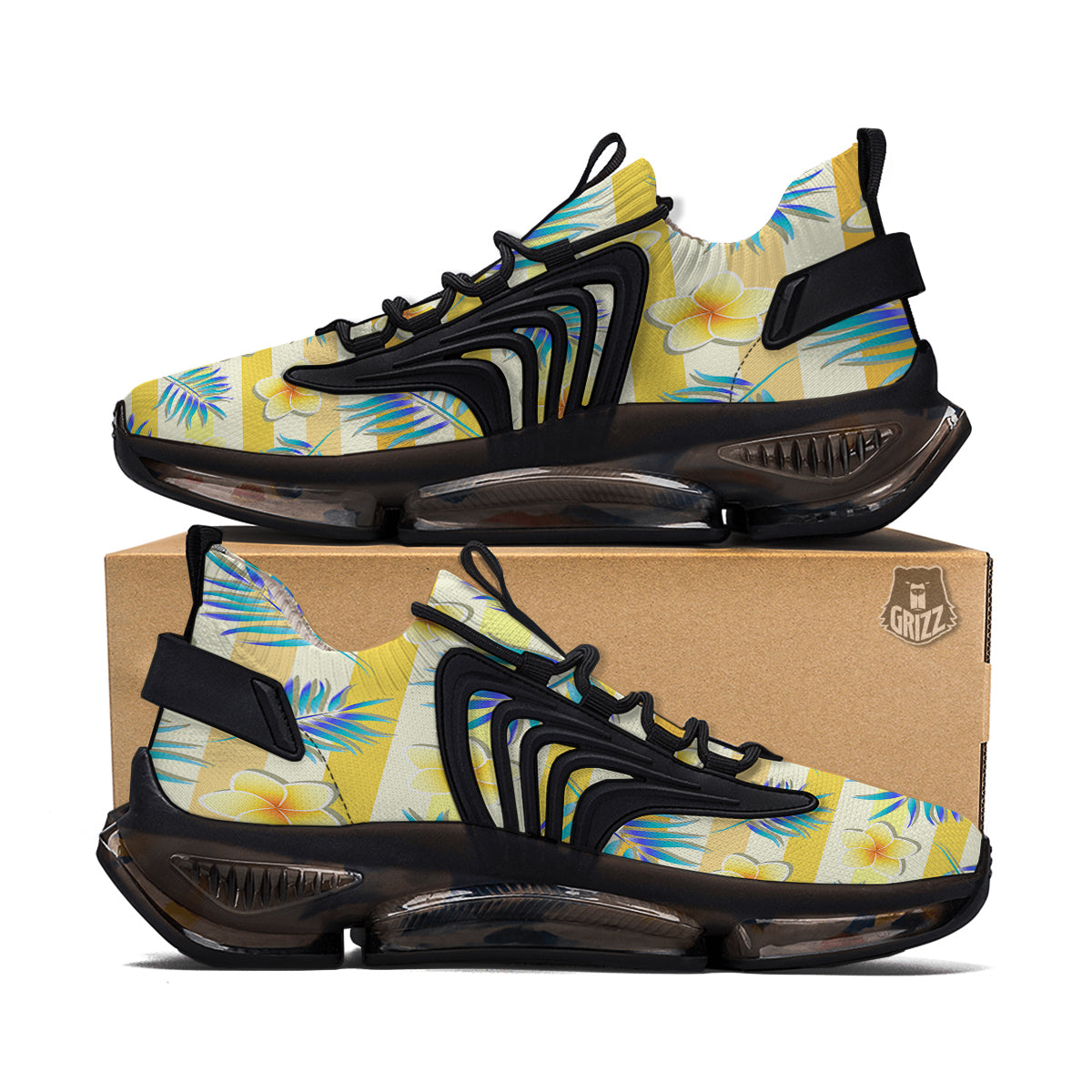 Frangipani Yellow Print Pattern Black Gym Shoes-grizzshop
