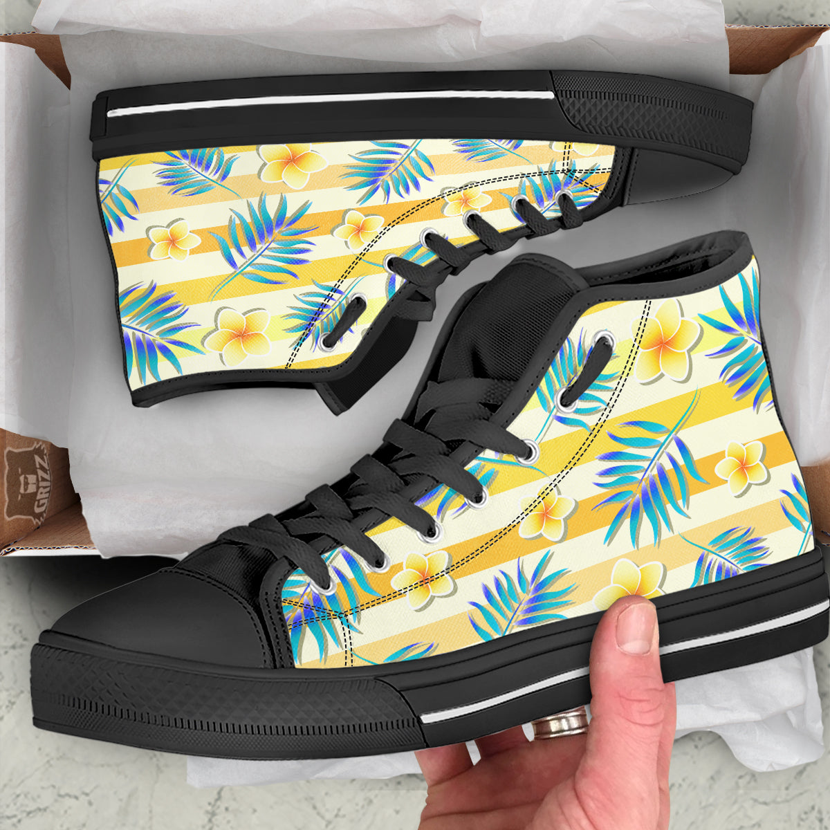 Frangipani Yellow Print Pattern Black High Top Shoes-grizzshop
