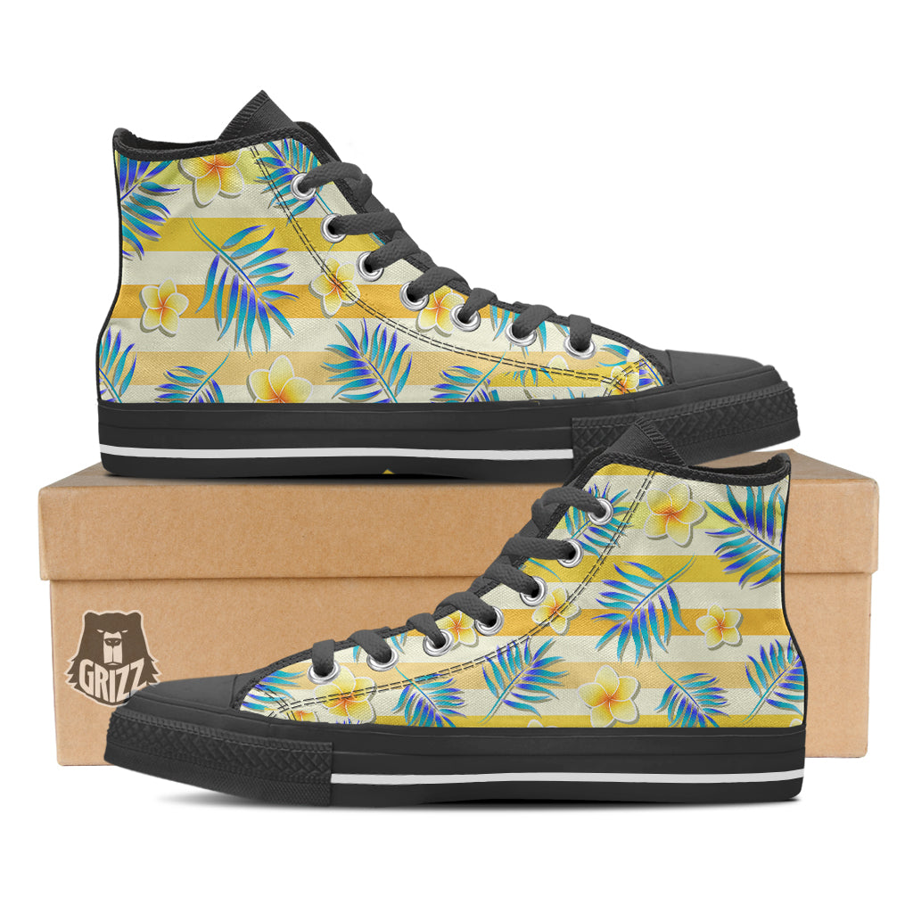 Frangipani Yellow Print Pattern Black High Top Shoes-grizzshop