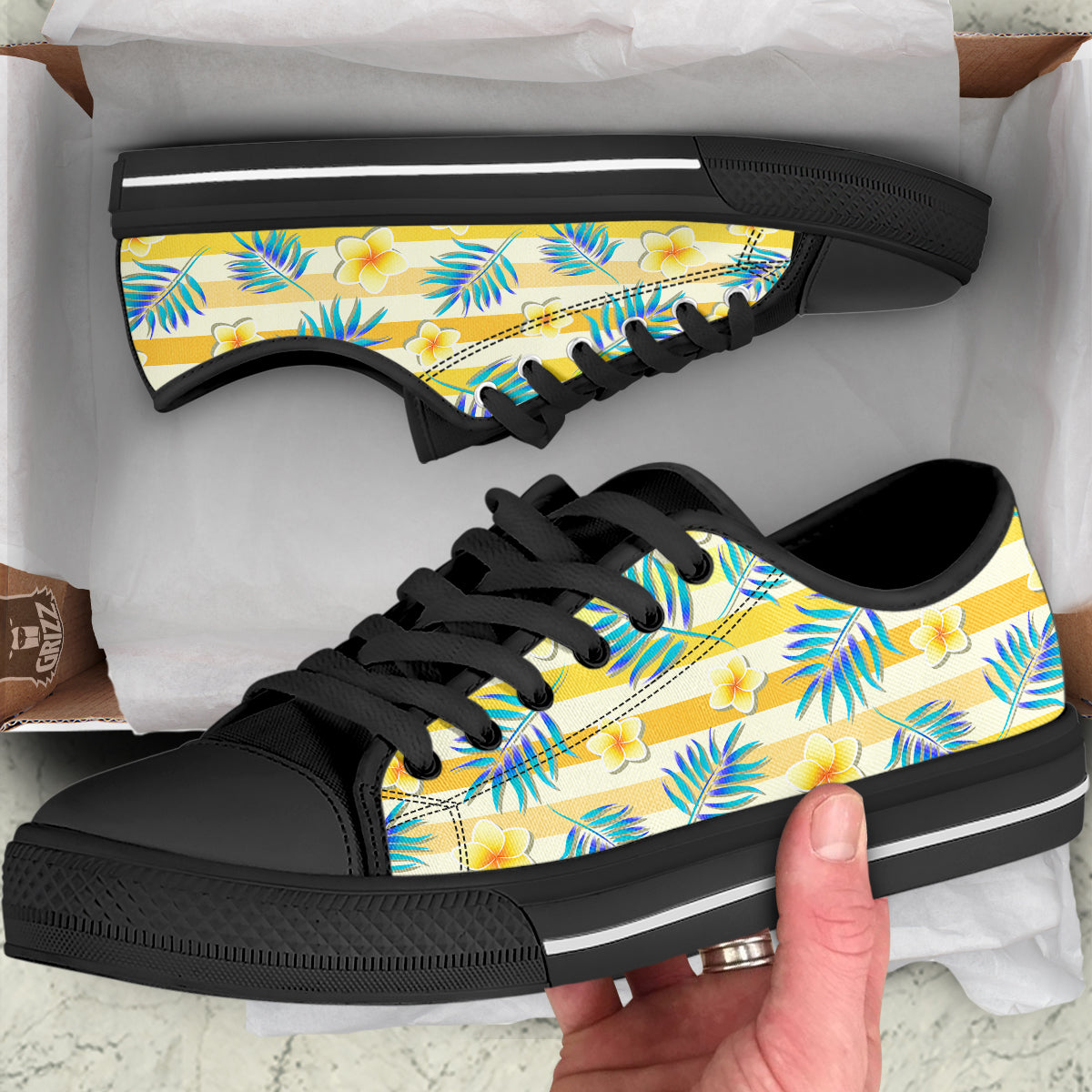 Frangipani Yellow Print Pattern Black Low Top Shoes-grizzshop