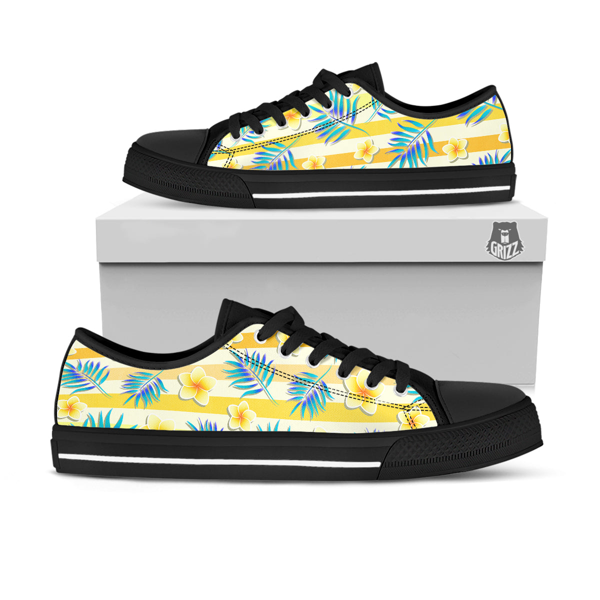 Frangipani Yellow Print Pattern Black Low Top Shoes-grizzshop