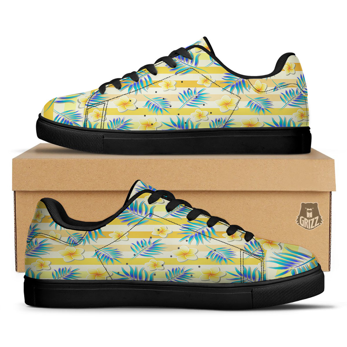 Frangipani Yellow Print Pattern Black Low Top Sneakers-grizzshop