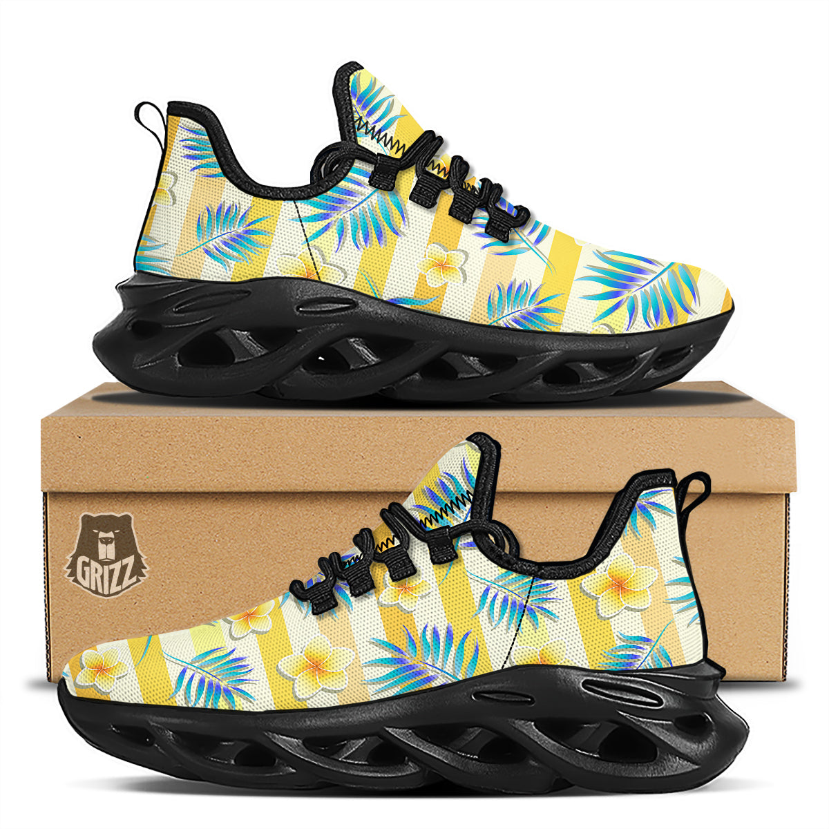 Frangipani Yellow Print Pattern Black Running Shoes-grizzshop