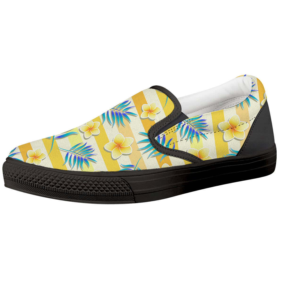 Frangipani Yellow Print Pattern Black Slip On Shoes-grizzshop