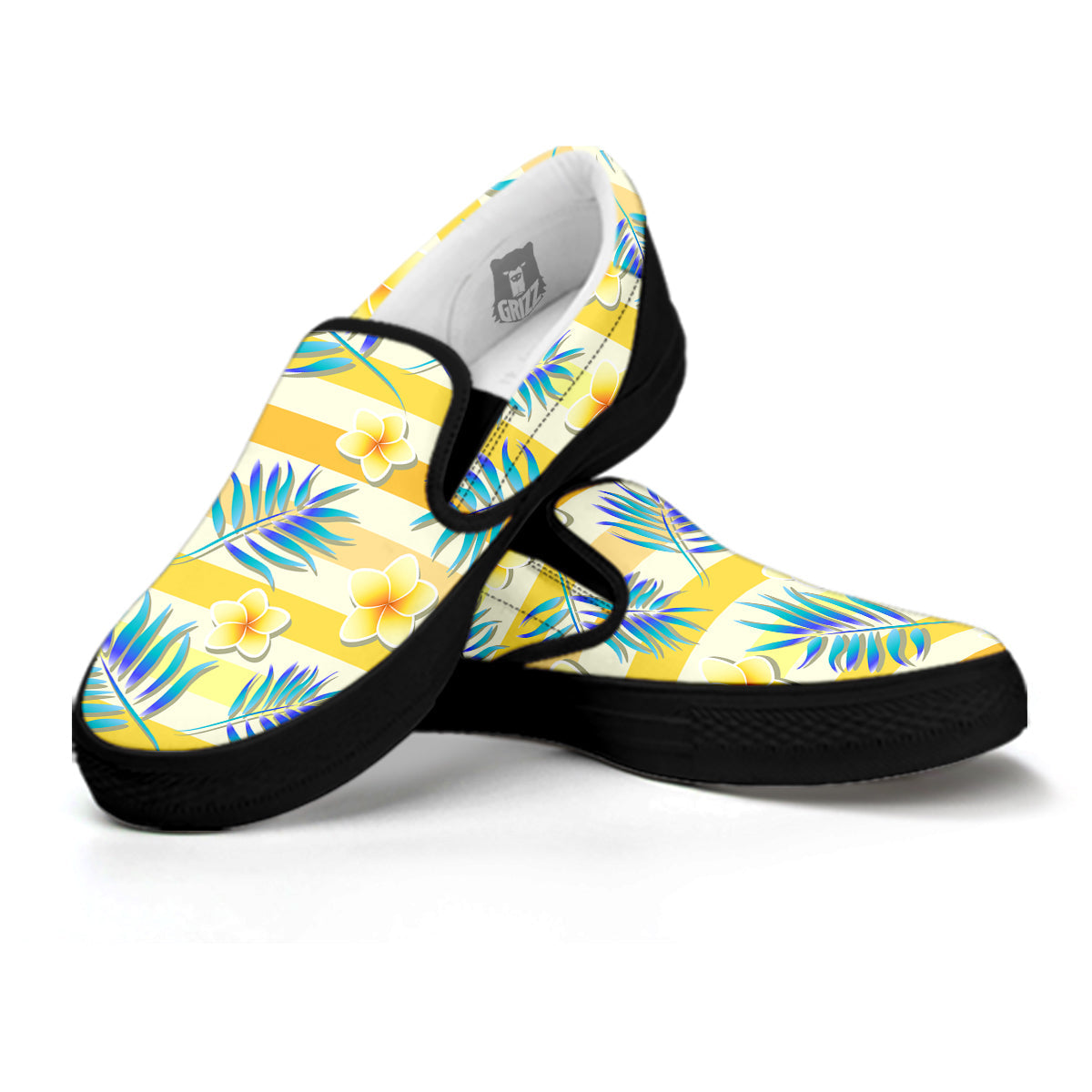 Frangipani Yellow Print Pattern Black Slip On Shoes-grizzshop