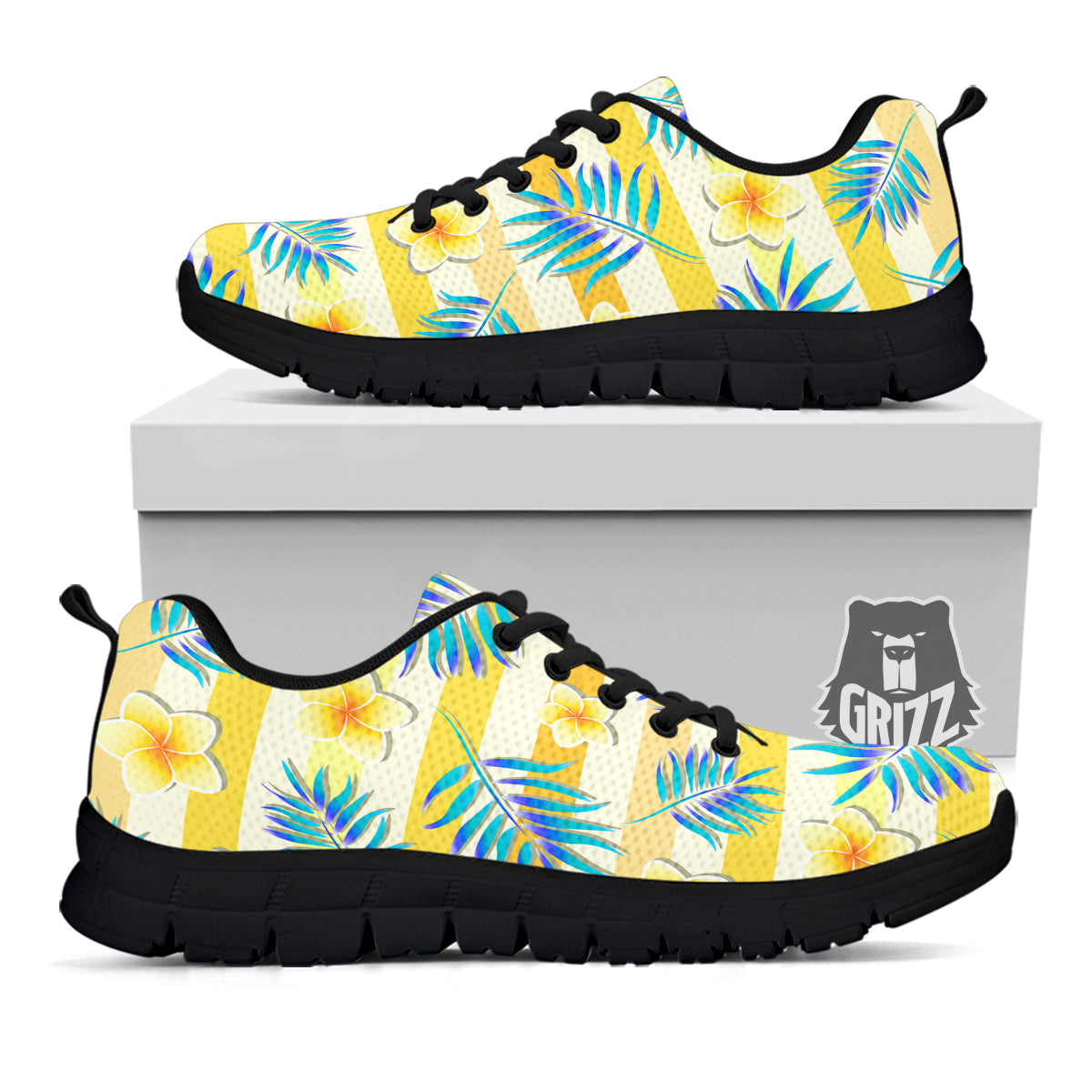 Frangipani Yellow Print Pattern Black Sneaker-grizzshop