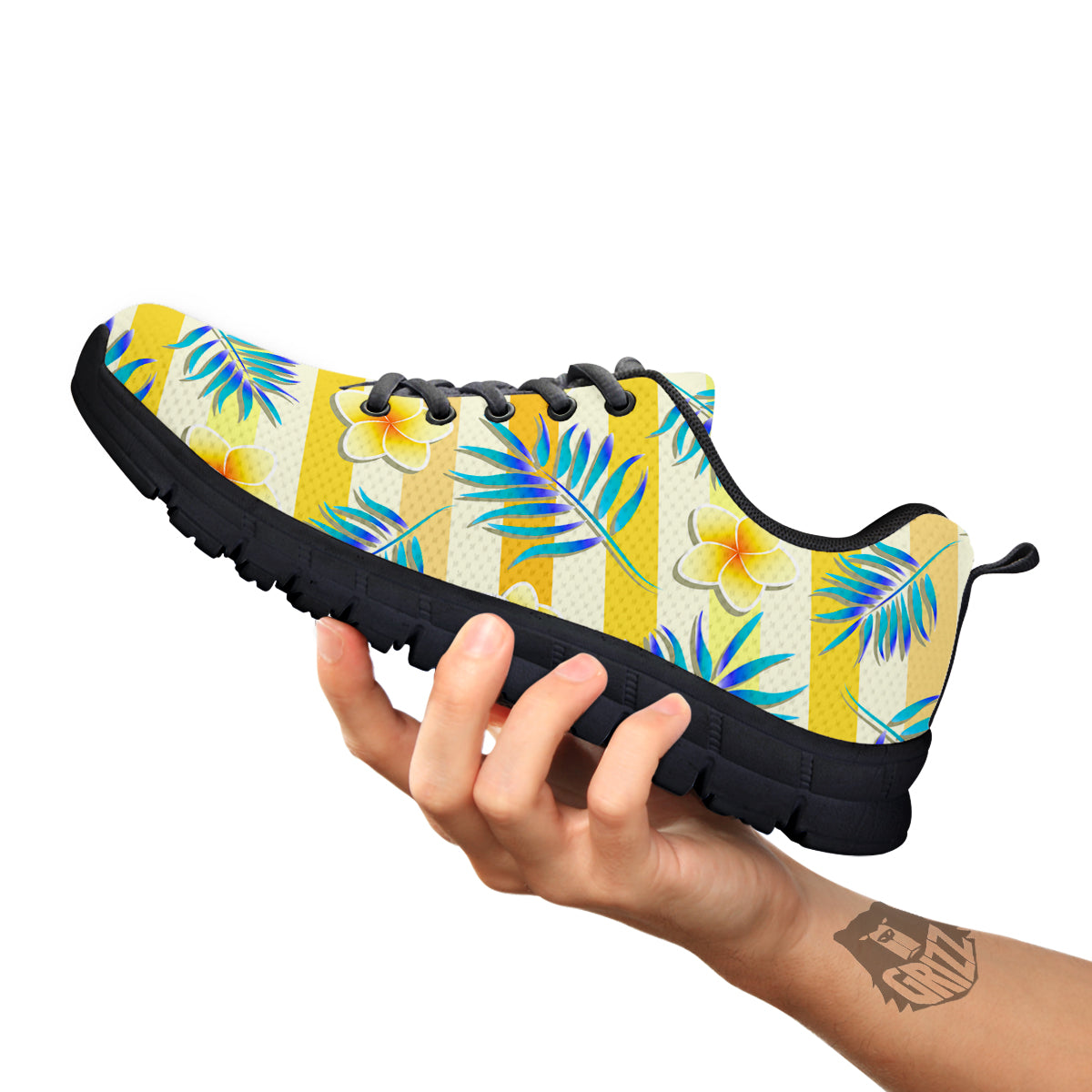 Frangipani Yellow Print Pattern Black Sneaker-grizzshop