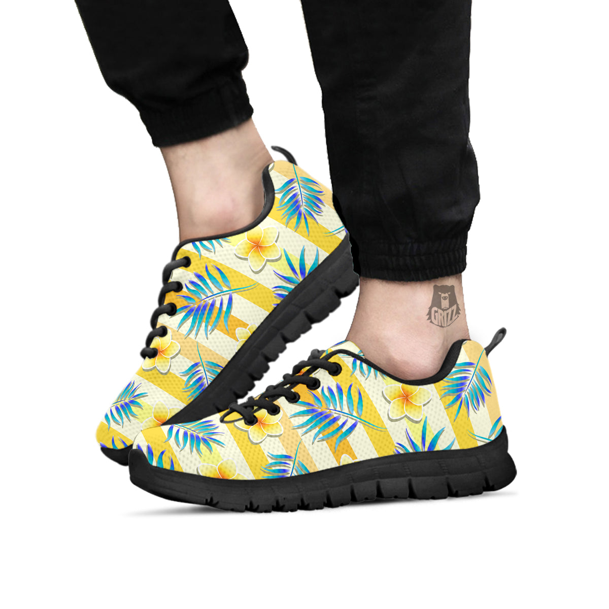 Frangipani Yellow Print Pattern Black Sneaker-grizzshop