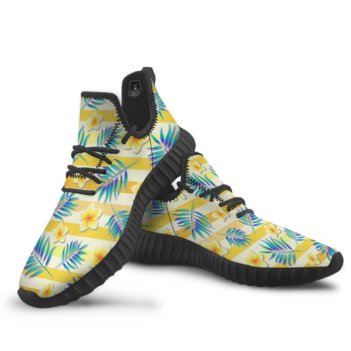 Frangipani Yellow Print Pattern Black Walking Shoes-grizzshop