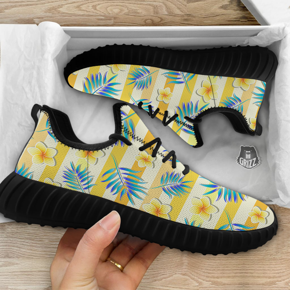 Frangipani Yellow Print Pattern Black Walking Shoes-grizzshop