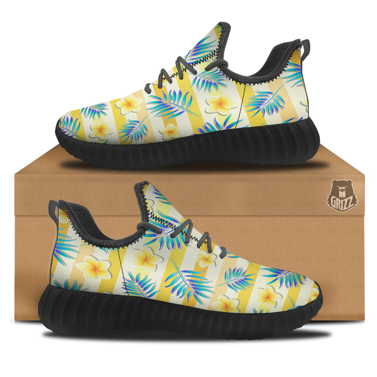 Frangipani Yellow Print Pattern Black Walking Shoes-grizzshop