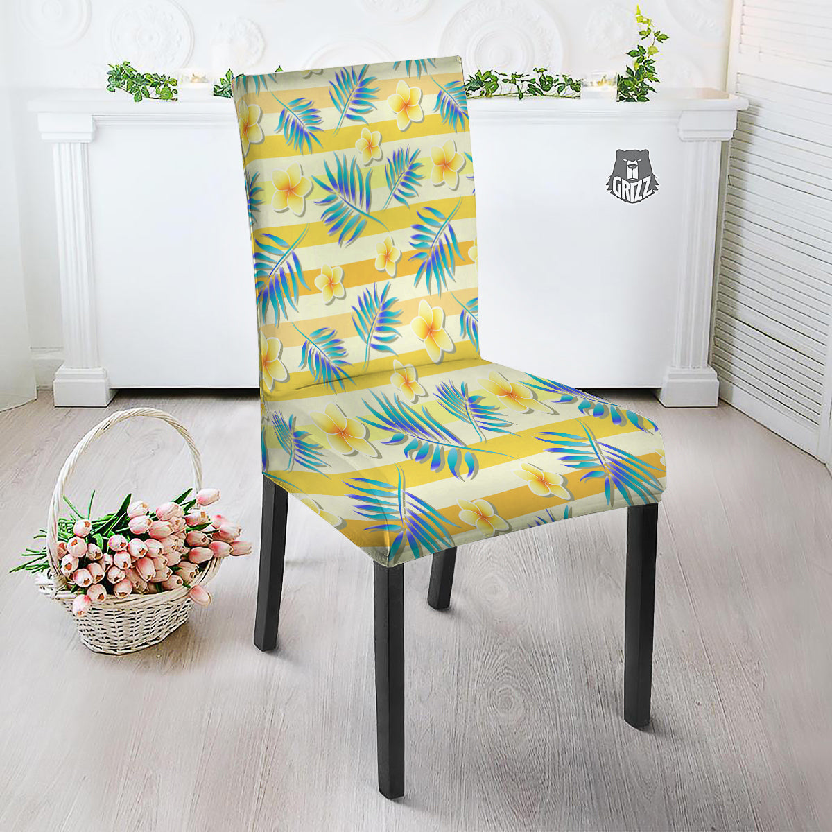 Frangipani Yellow Print Pattern Dining Chair Slipcover-grizzshop