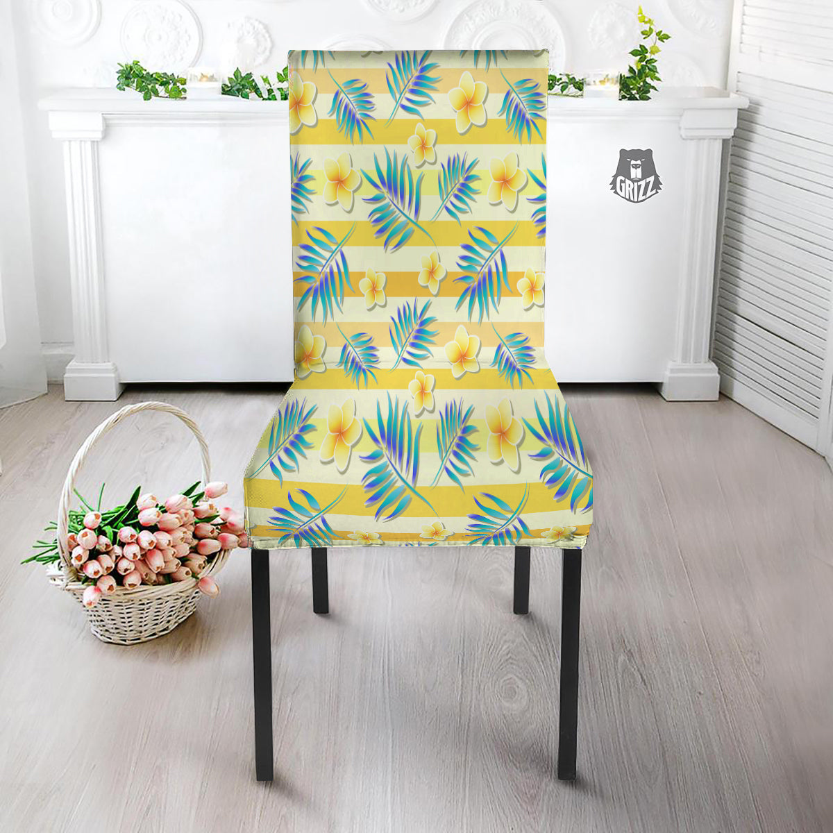 Frangipani Yellow Print Pattern Dining Chair Slipcover-grizzshop