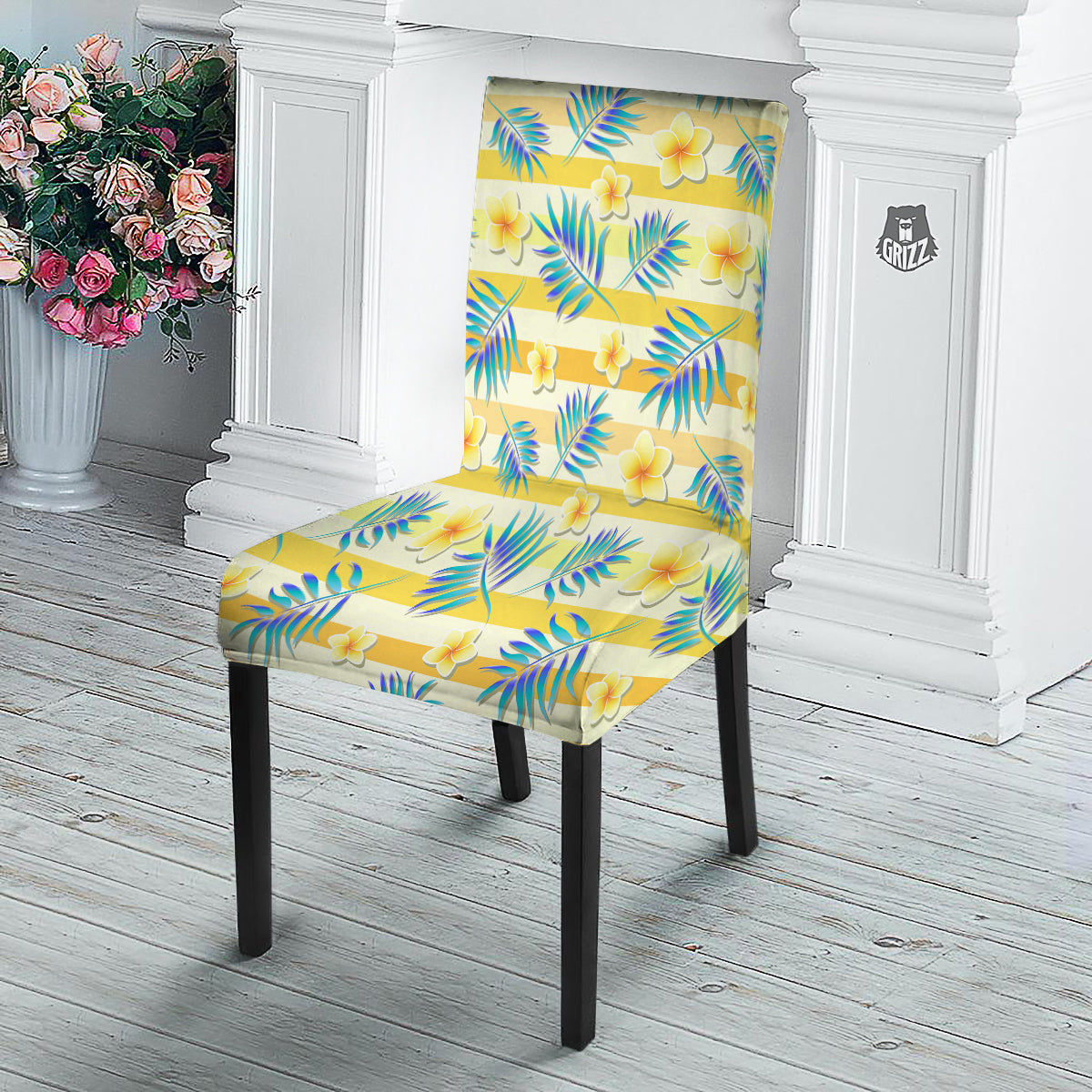 Frangipani Yellow Print Pattern Dining Chair Slipcover-grizzshop