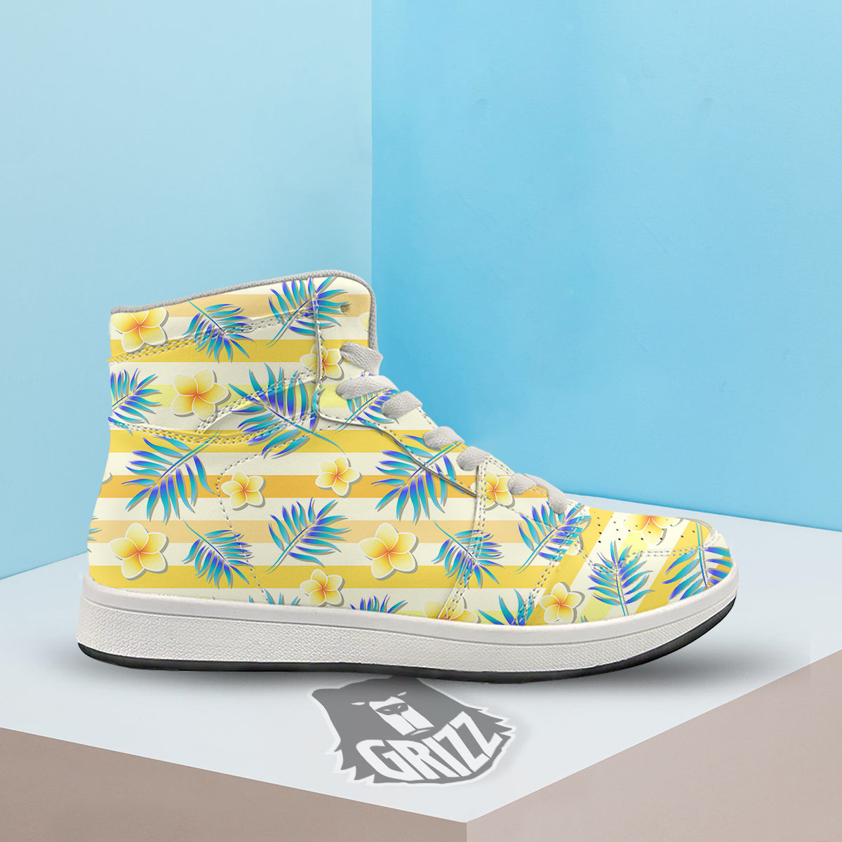 Frangipani Yellow Print Pattern High Top Sneakers-grizzshop