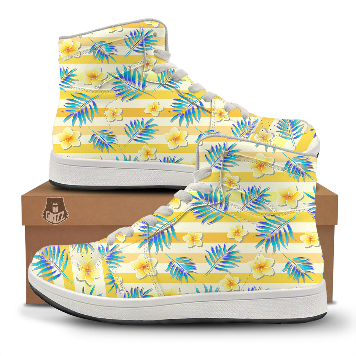 Frangipani Yellow Print Pattern High Top Sneakers-grizzshop