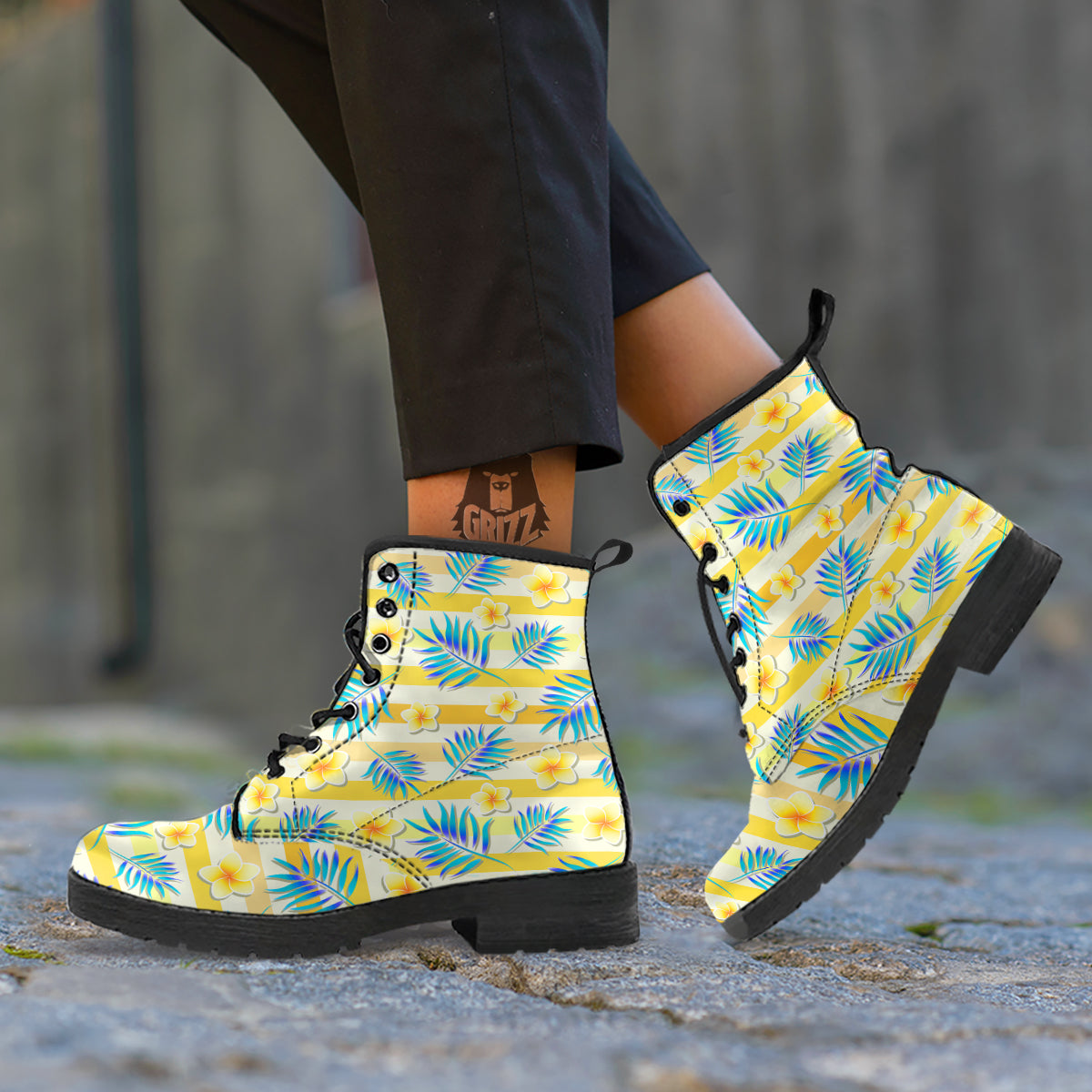Frangipani Yellow Print Pattern Leather Boots-grizzshop