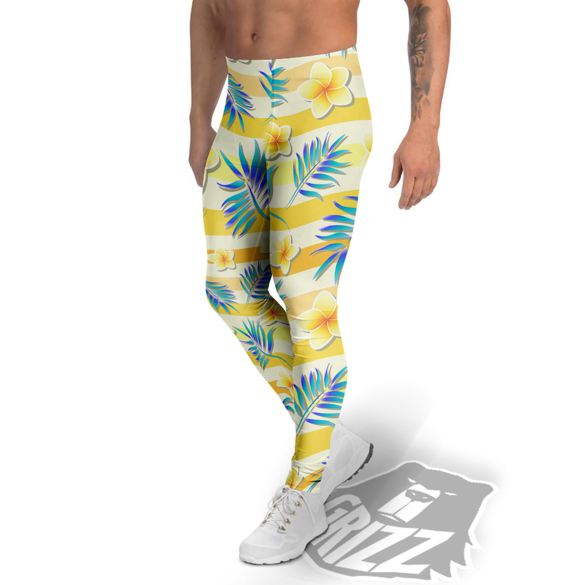 Frangipani Yellow Print Pattern Men's Leggings-grizzshop