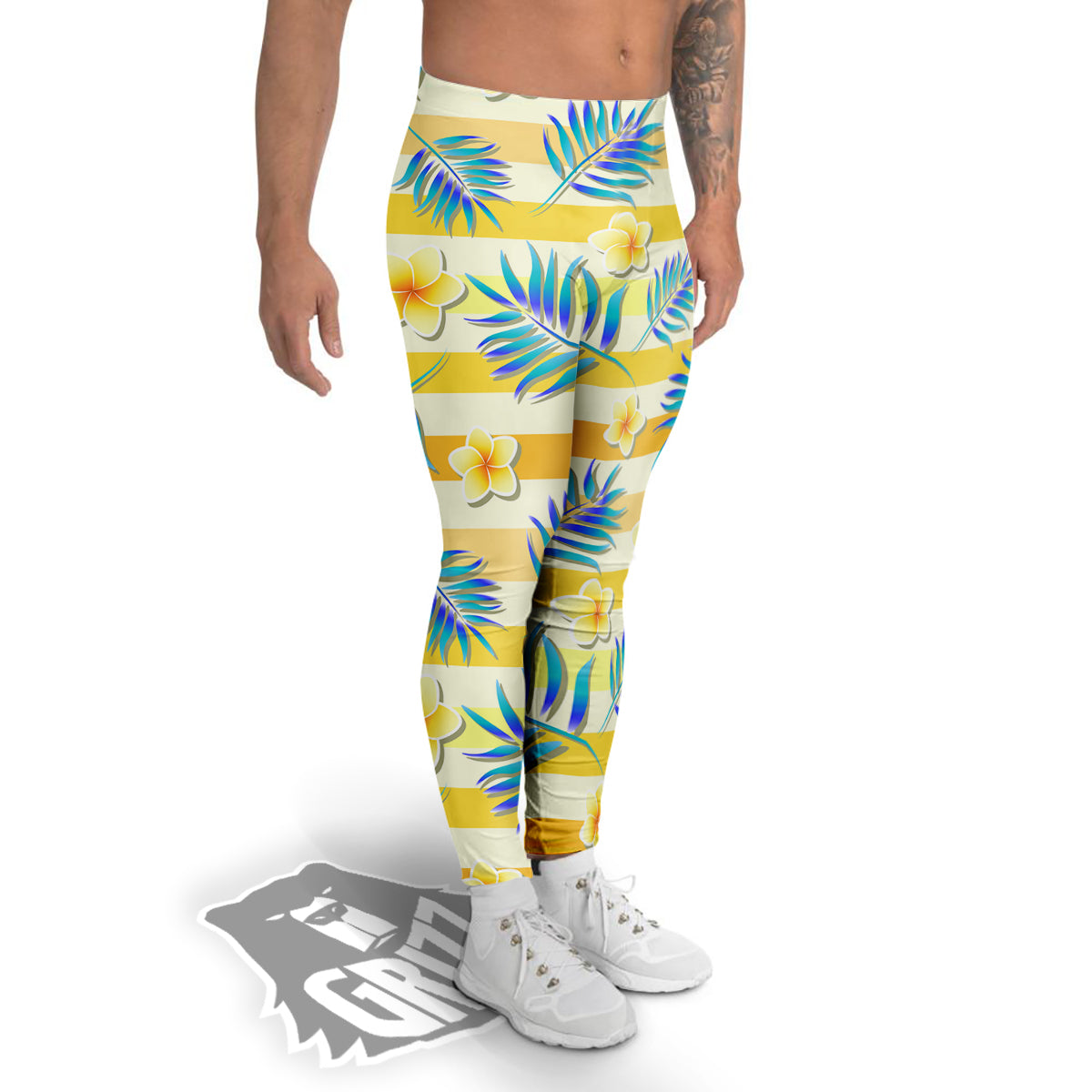 Frangipani Yellow Print Pattern Men's Leggings-grizzshop