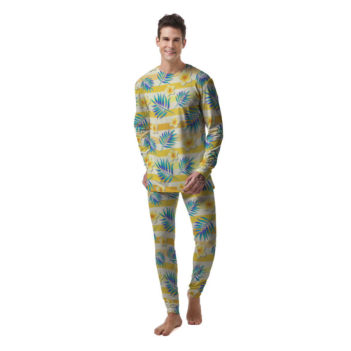 Frangipani Yellow Print Pattern Men's Pajamas-grizzshop