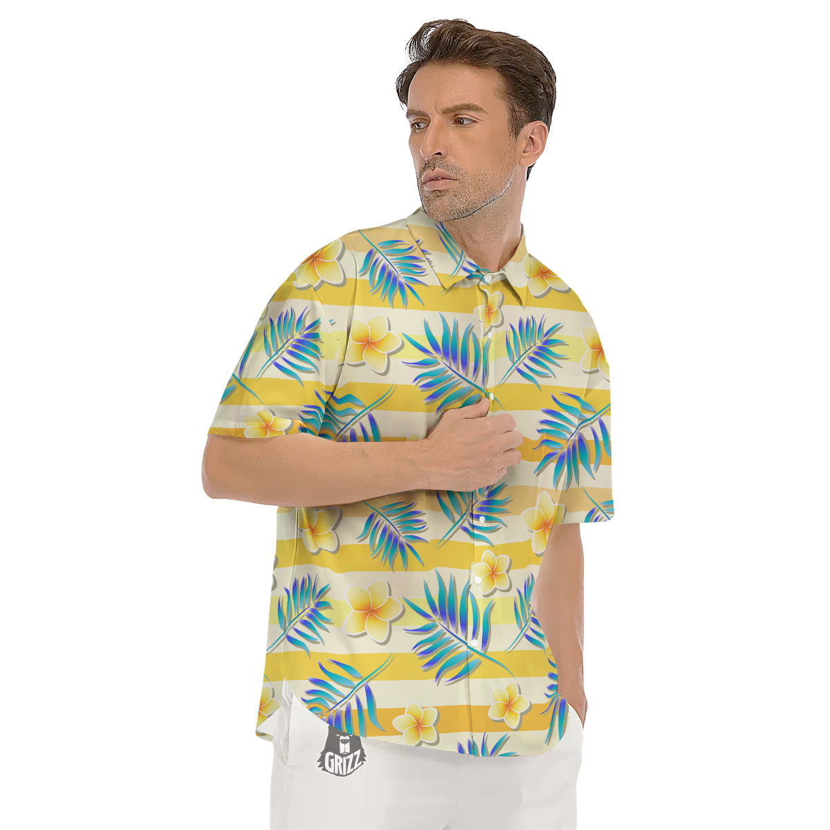 Frangipani Yellow Print Pattern Men's Short Sleeve Shirts-grizzshop