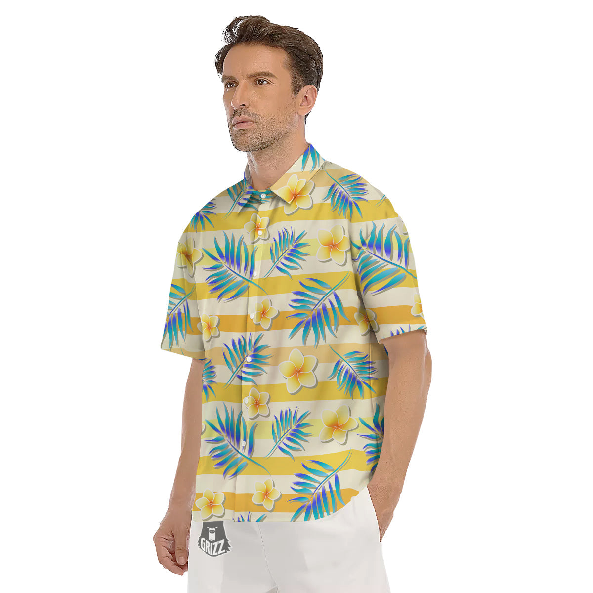 Frangipani Yellow Print Pattern Men's Short Sleeve Shirts-grizzshop
