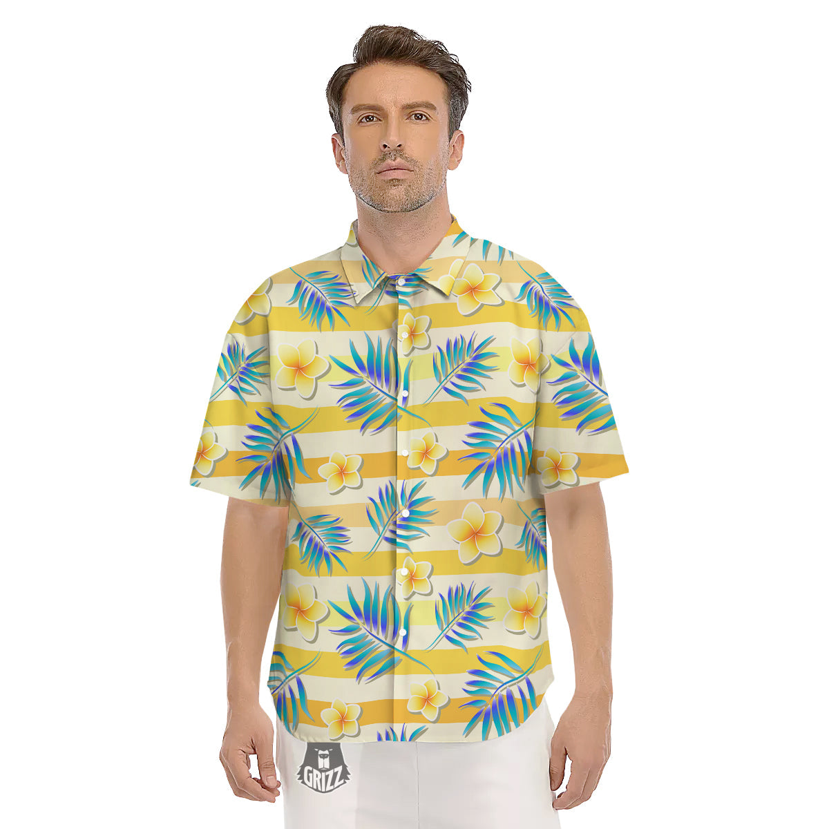 Frangipani Yellow Print Pattern Men's Short Sleeve Shirts-grizzshop
