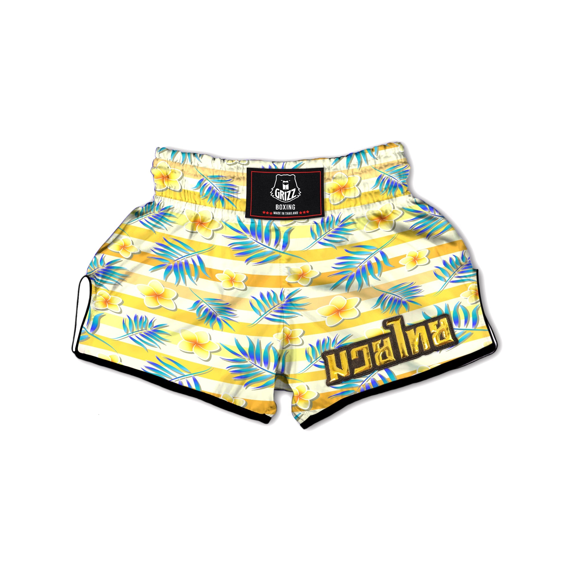 Frangipani Yellow Print Pattern Muay Thai Boxing Shorts-grizzshop