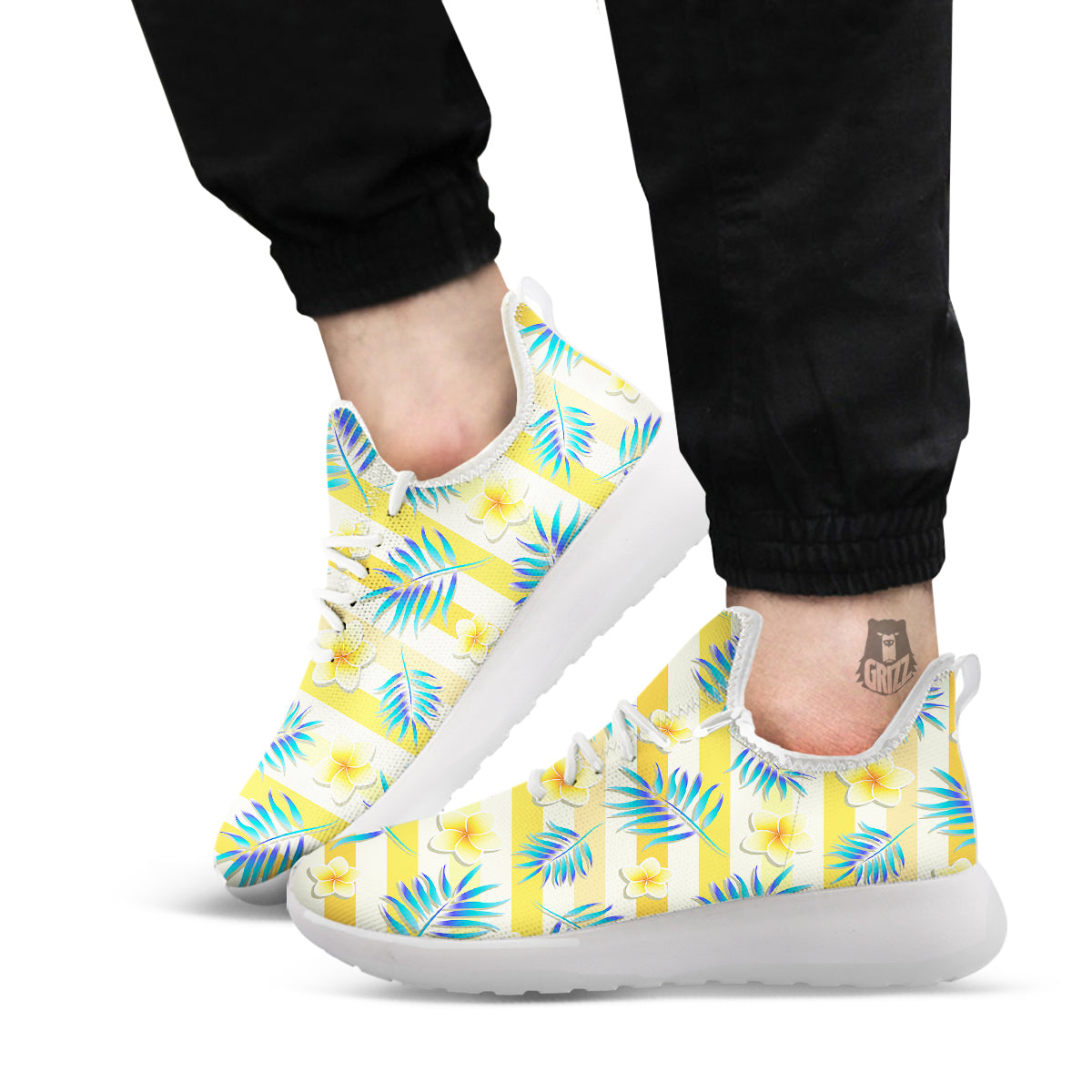 Frangipani Yellow Print Pattern White Athletic Shoes-grizzshop