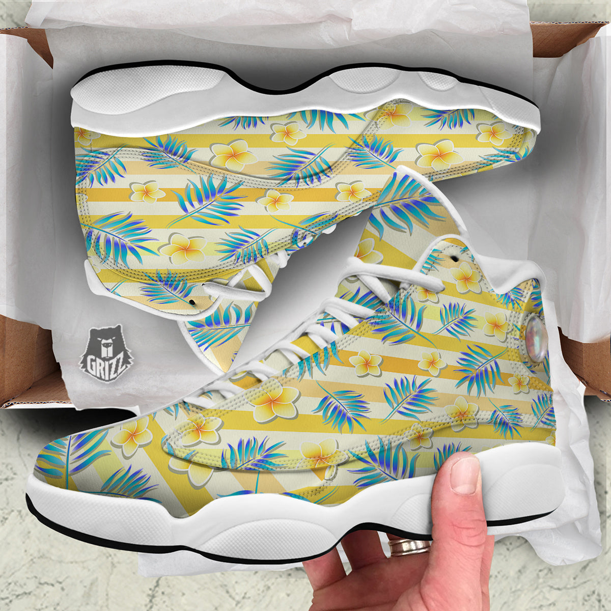 Frangipani Yellow Print Pattern White Basketball Shoes-grizzshop