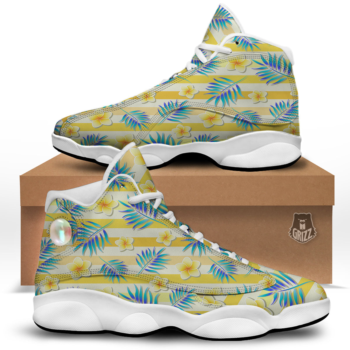 Frangipani Yellow Print Pattern White Basketball Shoes-grizzshop